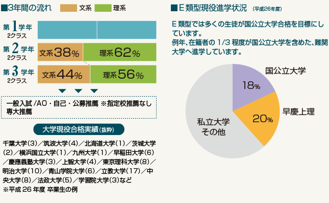 3年間の流れ 大学現役合格実績（抜粋） E類型現役進学状況（平成26年度）